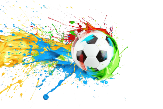soccer ball splashing into color paint, isolated on white or transparent png