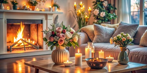 Cozy winter living room interior with flowers in vase and burning candles