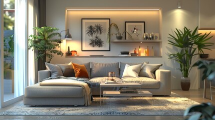 A modern living room with a grey sofa decorative pillows