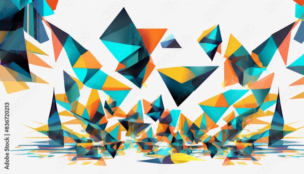 Poster a striking abstract image featuring sharp geometric shapes in bold colors like orange, blue, and yel