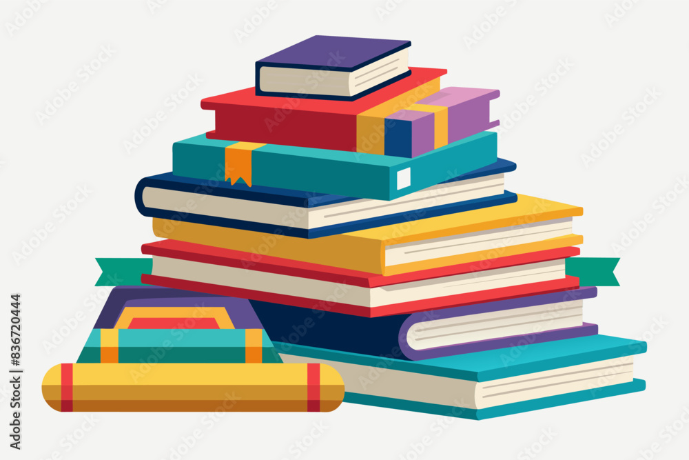 Poster a pile of books with a book bag on top, a stack of colorful books with different shapes and sizes, a