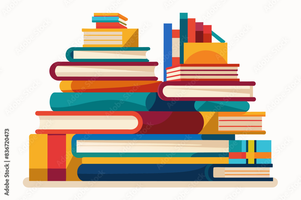 Poster a pile of books with a book bag on top, a stack of colorful books with different shapes and sizes, a