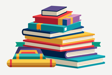 a pile of books with a book bag on top, A stack of colorful books with different shapes and sizes, alluding to a diverse range of knowledge