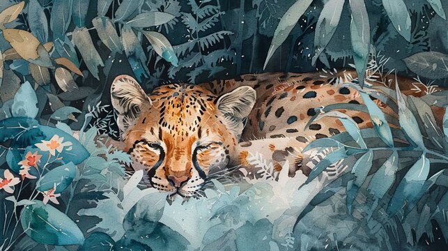 A beautiful watercolor painting of a jaguarundi in the jungle.