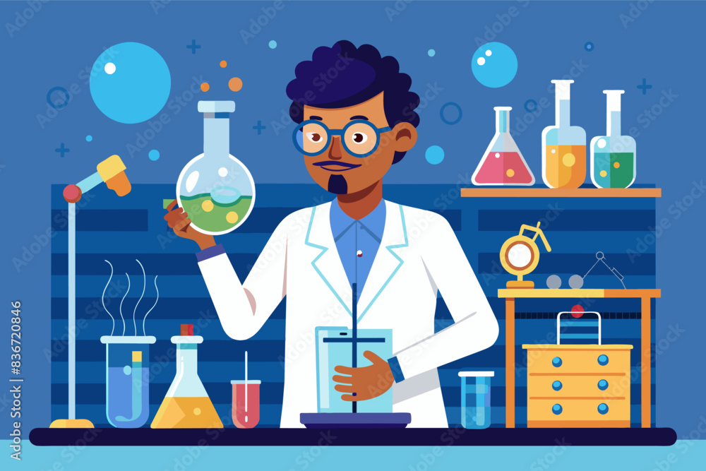 Aufkleber a man in a lab coat holding a flask and a clipboard, A scientist in a lab coat conducting an experiment, representing scientific exploration