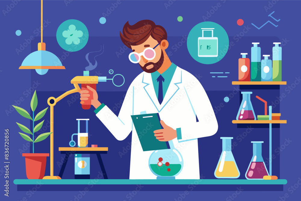 Poster a man in a lab coat holding a flask and a clipboard, a scientist in a lab coat conducting an experim