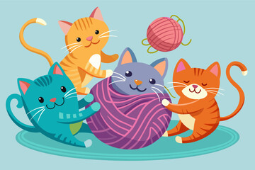 a group of cats playing with a ball of yarn, A playful group of kittens chasing each other's tails in a ball of fluffy yarn
