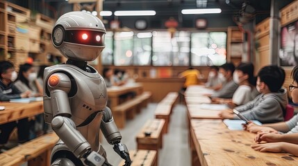 A course on AI robot teacher standing in front of a group of pupils in class.