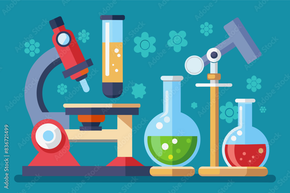 Poster a microscope and some laboratory equipment, a microscope and a science experiment with bubbling beak