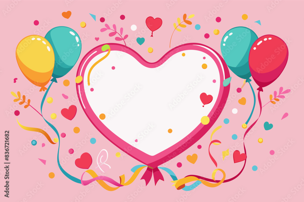 Poster a heart shaped frame with balloons and confetti, a heart-shaped frame with confetti and balloons for