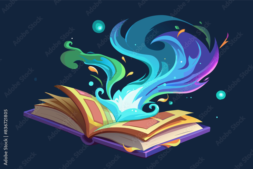 Poster an open book with a glowing flame coming out of it, a glowing book with a magical aura, emanating sp