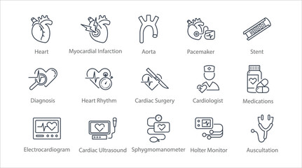 Cardiology line icon set. Heart, ECG, stent, aorta, pacemake, myocardial infarction, sphygmomanometer, holter monitor, rhythm, medications, diagnosis, scalpel, surgery vector illustration. Editable