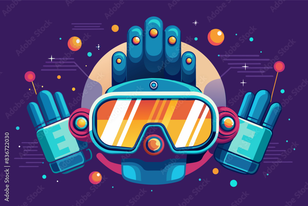 Aufkleber a robot with goggles and a pair of hands, A futuristic vector artwork of a virtual reality headset with a comfortable design and haptic feedback gloves