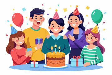 a family celebrating a birthday with a cake and balloons, A family celebrating a birthday with a cake, candles, and cheerful faces