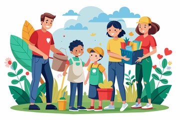 a family is gardening together, A family volunteering at a community event, emphasizing the importance of giving back