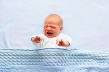 Newborn baby boy on a blue blanket