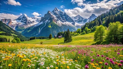 Idyllic mountain landscape in the Alps with blooming meadows in summer springtime