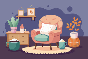a living room with a chair, coffee mug and a plant, A cozy armchair overflowing with fluffy pillows in various shapes and sizes, with a steaming cup of cocoa nestled comfortably on a side table