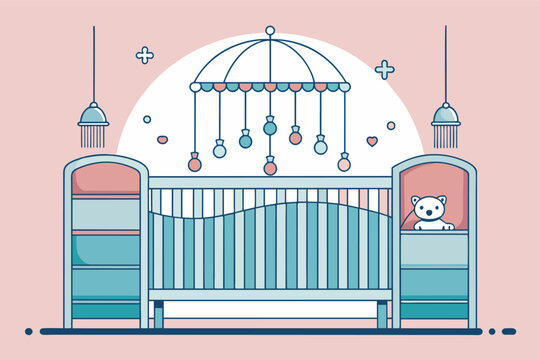 recommend clip art: a baby's room with a crib and a crib, A detailed line art illustration of a majestic Gothic cathedral