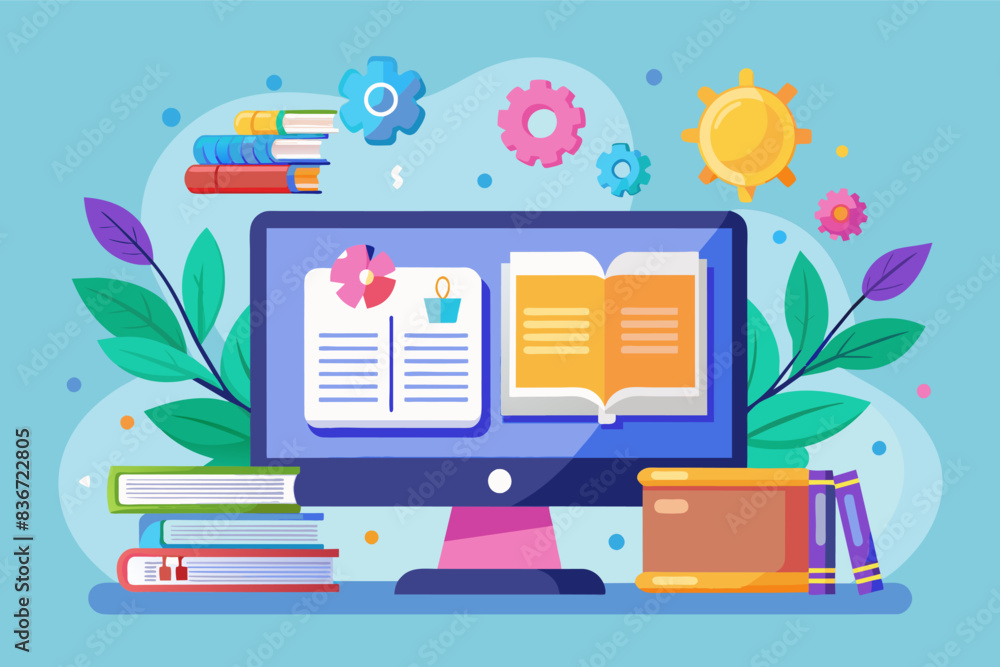 Fototapete a computer screen with books and a plant, a computer screen with educational software open, promotin
