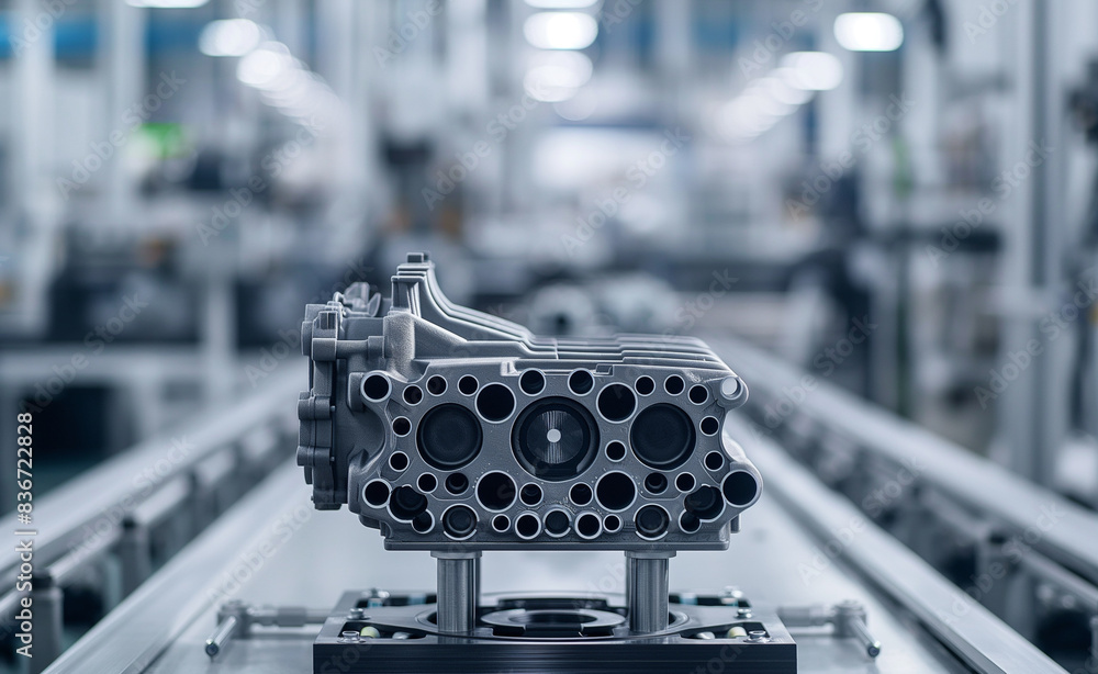 Poster 3d printed automotive part, such as a high-performance engine component. the image highlights the de