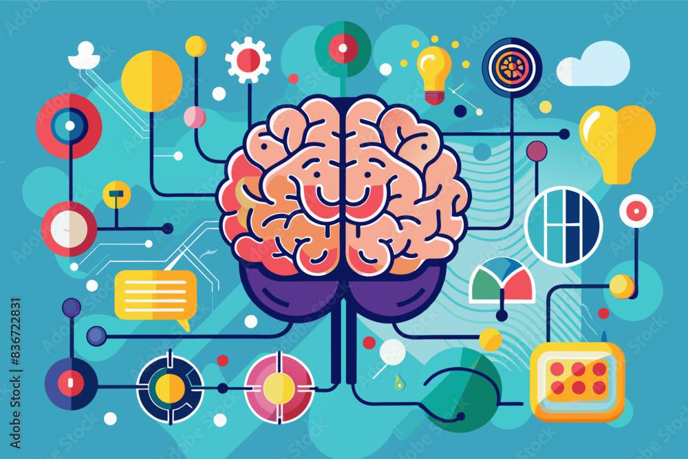 Poster a brain surrounded by various icons, a conceptual illustration of an artificial intelligence brain n