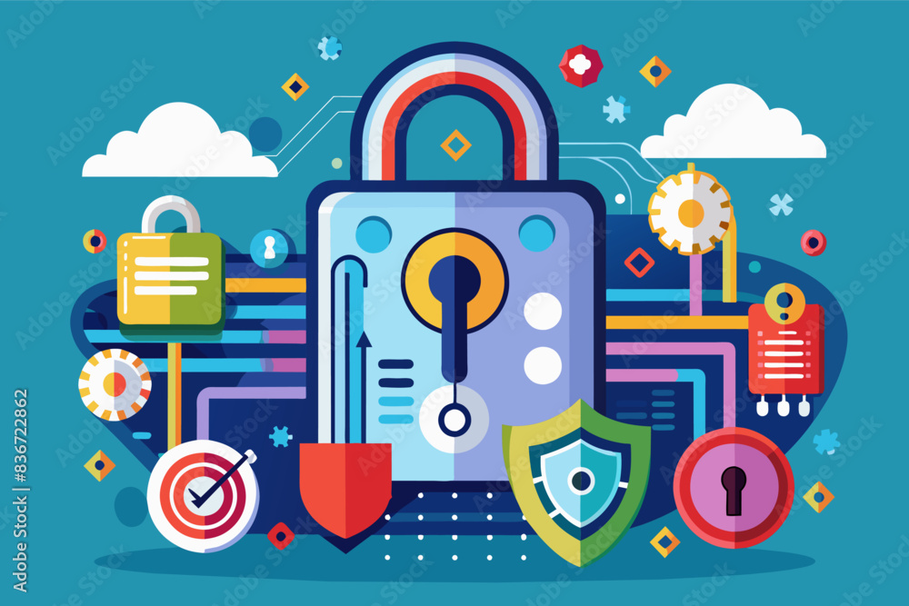 Poster a padlock surrounded by various devices and icons, a conceptual illustration of a digital lock with 