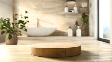 Wooden countertop with round cutting board in a modern bathroom with houseplants and contemporary decor elements.