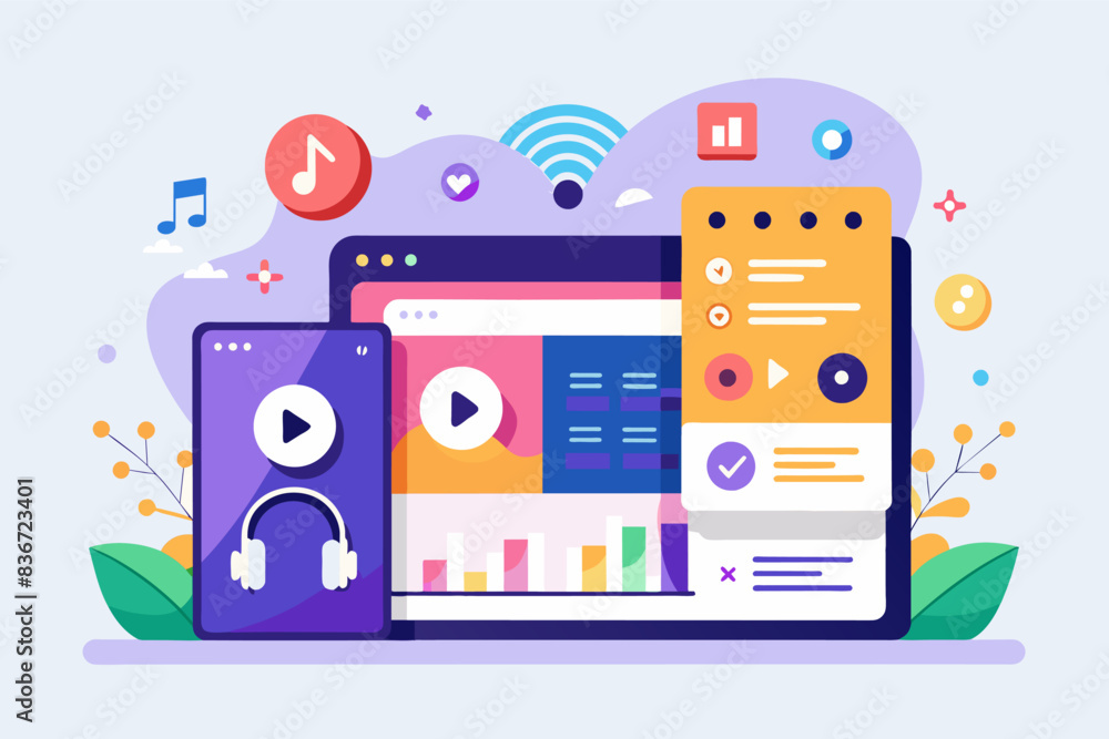 Poster a laptop and a phone with music on the screen, A clean and minimalistic illustration of a music streaming app interface with browsing options and playlists