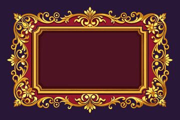 a gold frame with a red background, A classic rectangular picture frame with a golden border and ornate details