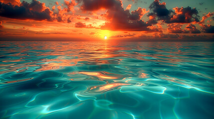 Sunset over calm and tranquil tropical beach
