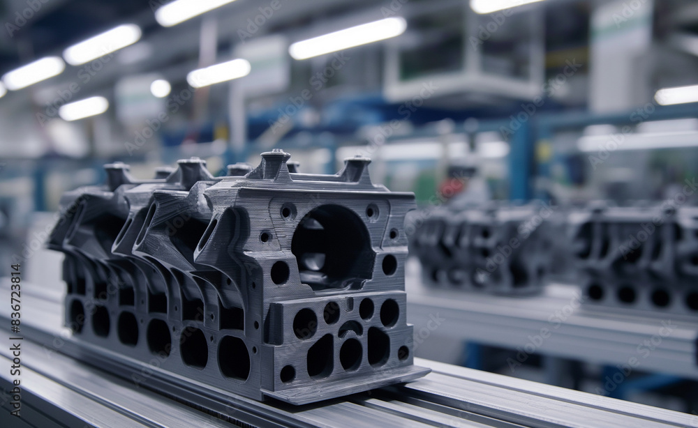 Poster 3d printed automotive part, such as a high-performance engine component. the image highlights the de