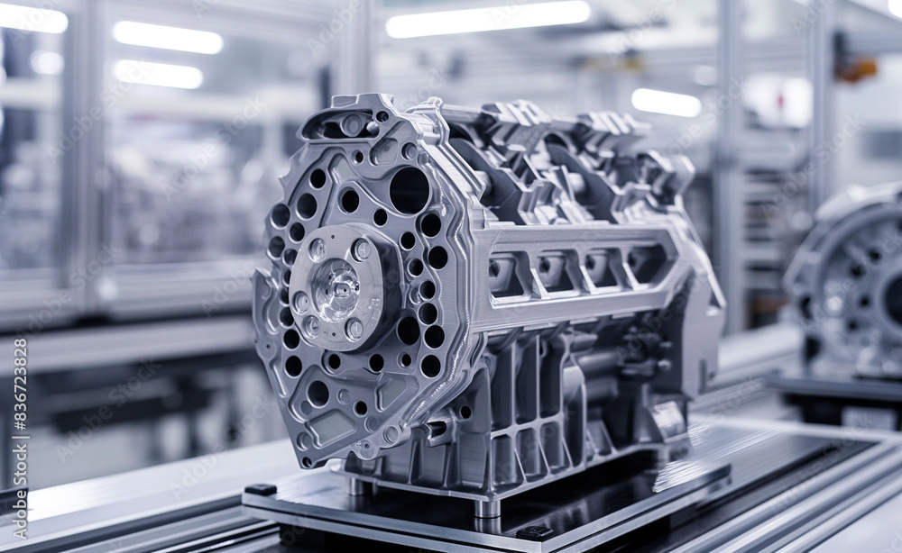 Poster 3d printed automotive part, such as a high-performance engine component. the image highlights the de