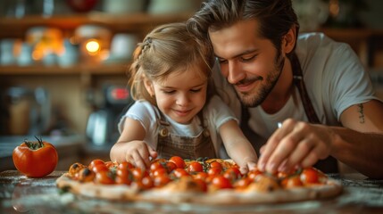Family making a pizza together at home.