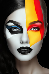 Close-up portrait of a girl of model appearance, close-up face, black lipstick, face painted in areas with paints of different colors, colorful makeup