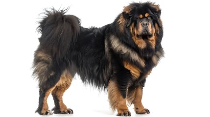 Tibetan Mastiff with its massive build and fluffy mane, standing regally, white background