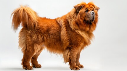 Tibetan Mastiff with its massive build and fluffy mane, standing regally, white background