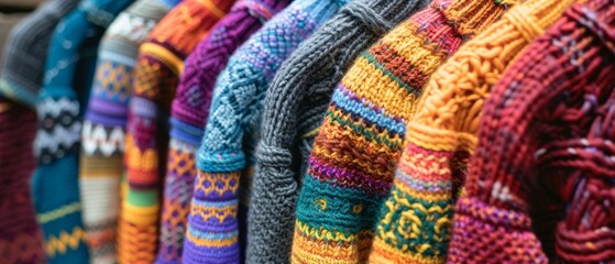 Colorful Hand-Knitted Sweaters on Display in a Market Stall, Showcasing Intricate Patterns and Vibrant Colors, Perfect for Winter Fashion and Cozy Clothing Enthusiasts