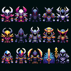 RPG shadow knights pixel art icons in a spritesheet