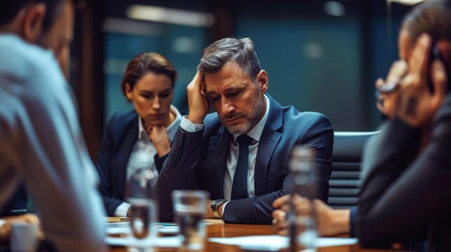 Group of business professionals looking stressed and frustrated during a meeting in an office setting.