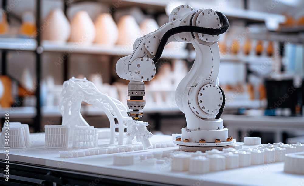 Poster robotic arm using ai to manage post-processing tasks in 3d printing. the image shows the arm polishi