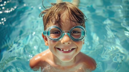 Naklejka premium The child is having fun, swimming, diving in the pool with safety glasses. Entertainment during the summer holidays.