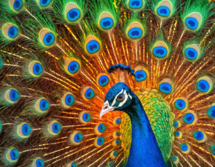 Obraz premium Stunning Peacock with Vibrant Feathers on Colorful Background