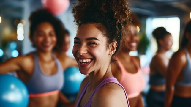 Group of women in sports bras smiling and holding exercise balls in a fitness class.