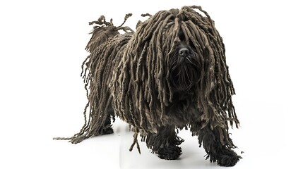 Puli with its distinctive corded coat, standing attentively, white background