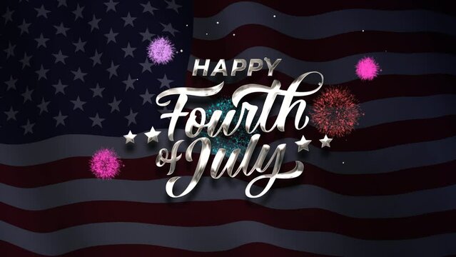 happy fourth of july text animation with fireworks on american flag background