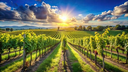 Serene vineyard landscape with rows of grapevines on a sunny day - Powered by Adobe