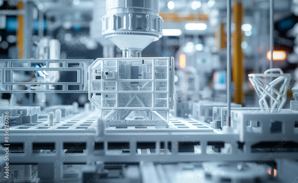 Poster 3d printer creating components for car engines, showing the precise layering of high-strength materi