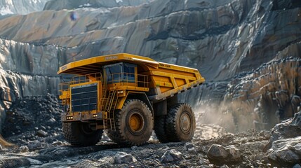  Yellow haul truck in coal open cast mine 