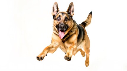 German Shepherd in a mid-run pose with tongue out and ears perked up, white background